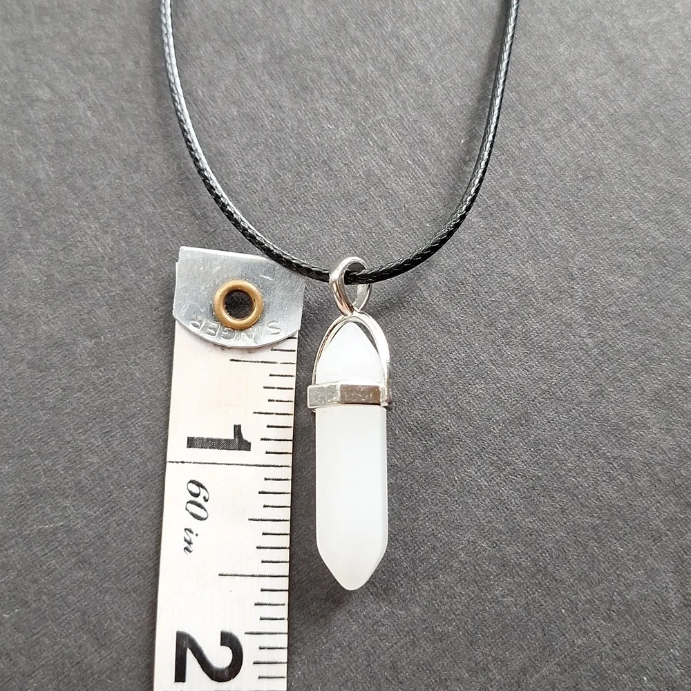White crystal point pendant necklace on 16-inch faux leather chain